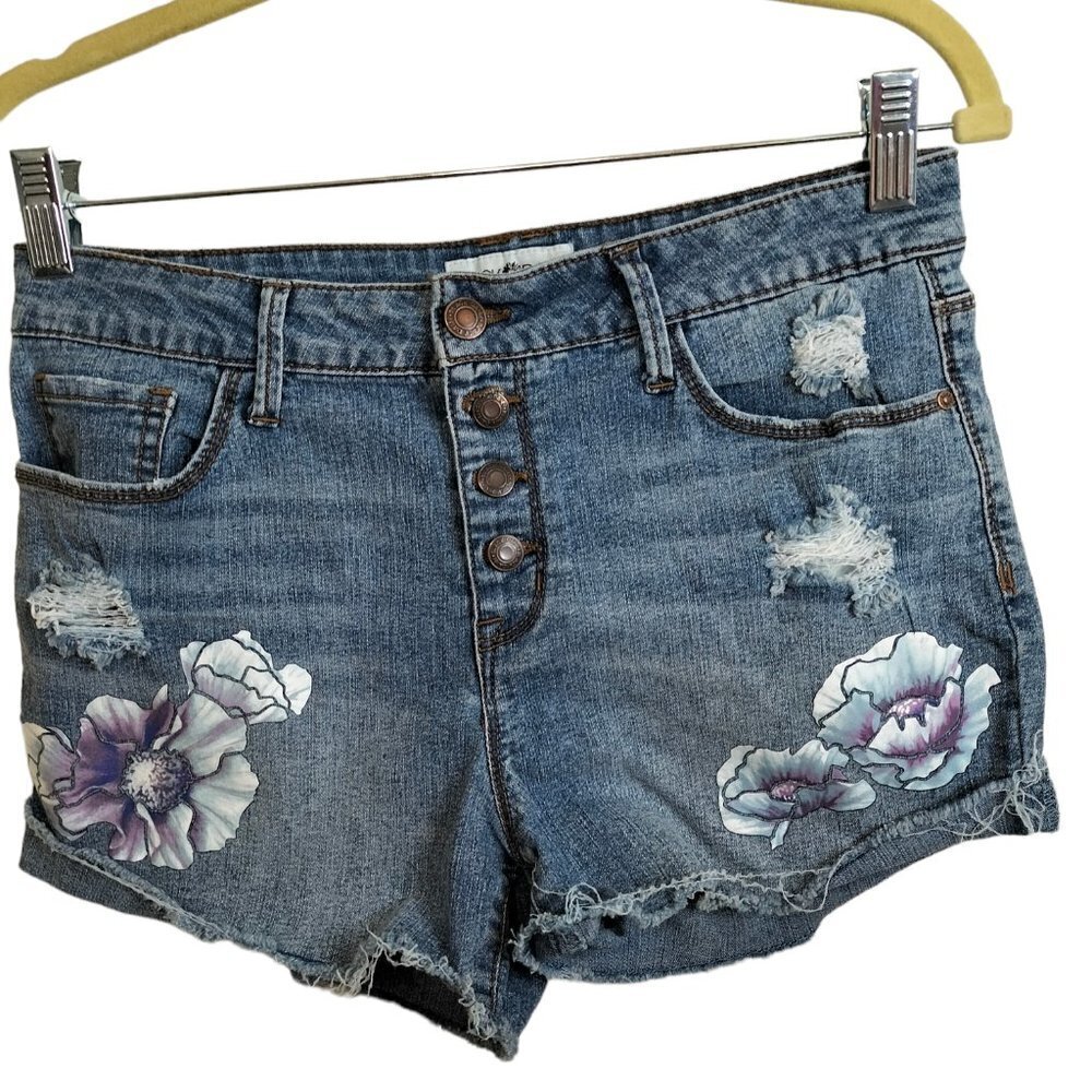 (1061)Black Daisy High Waisted Floral Print Denim Shorts Size 7/28 (Jr)